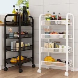 Hooks Carbon Steel Trolley Shelving Floor-To-Ceiling Mobile Snack Shelf 4/5 Tier Bedroom Bedside Storage Multi-Storey Organiser