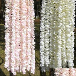 Decorative Flowers Wreaths Decorative Flowers 2/1Pcs 100Cm White Wisteria Garland For Wedding Decoration Artificial Silk Vine Home D Dhzjo