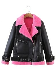 Women s Vests SLMD Winter Fashion Colorful Fur Turn down Collar Leather Jackets With Belt Pocket Thick Warm Coat 20 10 231101