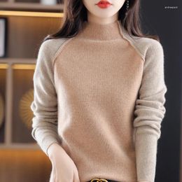 Women's Sweaters Fall/Winter Color Block Sweater Half Turtleneck Pullover Casual Knitted Plus Size Tops Pure Wool Female Jacket