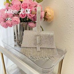 French Tassel Opaque Transparent Crystal Fan Bag with Square Button Dinner Set with Diamond Rhinestone Chain Hand Carrying Crossbody Bag 230401