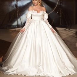 Off The Shoulder Wedding Dress Princess BohoWomen Sweetheart Gorgeous Long Sleeves Lace Appliques Pleats A-Line Bridal Gowns Sweep Train