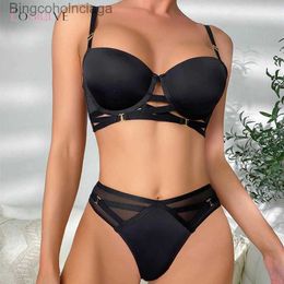 Sexy Set Logirlve Hollow Out Bra Set Sexy French Lingerie Push Up Brassiere Gather Underwear Set Low Waist Panties For Women UnderwearL231101