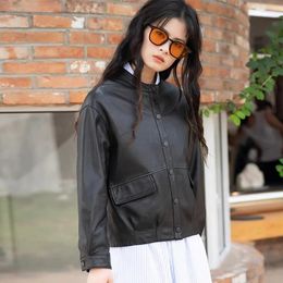 Women's Leather Solid Genuine Jacket 2023 Trend High-end Elegant O-neck Single Breasted Casual Short Natural Sheepskin Coat
