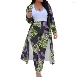 Women's Two Piece Pants Polynesian Tribal Hawaiian Print Fall 2 Set Long Sleeve Open Front Cardigans Kimono Skinny Suits For Lady