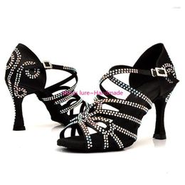 Sandals Lure Latin Dance Shoes Women's Dinner Beige Satin Shiny Rhinestones Salsa High Heels 9CM