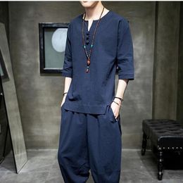 Ethnic Clothing Japanese Style Suits Kimono Short-Sleeved T-shirt Pants Two Piece Men Tops Trousers Male Japan Harajuku Yukata Cardigan Costume 230331