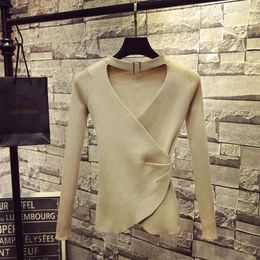 Women's Sweaters All-match Fashion Solid Long Sleeve Autumn Winter Slim Hollow Out V-Neck Sexy Knitted Tops Female Clothing