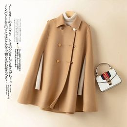 Women's Wool Blends 100% Wool Mid Long Bat Cape Women Woolen Coats Autumn Loose Double Sided Cashmere Coat Female Fashion Camel Black Outerwear 231031