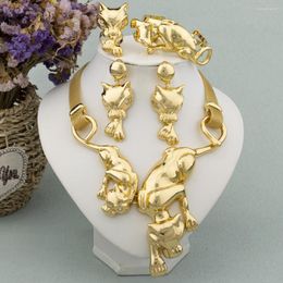 Necklace Earrings Set Gold Plated Jewellery Leopard Pendant Fashion African Big Bracelet Ring Dubai Party Women