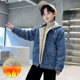 Jackets Boys Hooded Denim Jacket Middle And Large Children 2023 Fall Winter Padded Warm Top Clothing