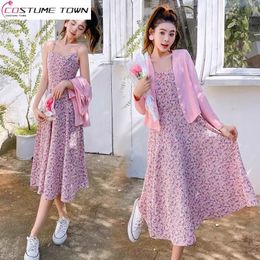 Two Piece Dress SingleSet Ice Silk Fragmented Flowers Waist Strap 2023 SpringSummer Cardigan Style Set Fashion 230331