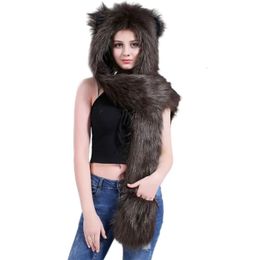 Hats Scarves Gloves Sets 3 In 1 Women Men Fluffy Plush Animal Wolf Leopard Hood Scarf Hat with Paws Mittens Thicken Winter Warm Earflap Bomber Cap 231101