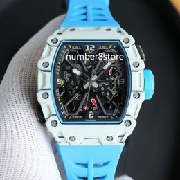 RM35-03 White Carbon Quartz TPT Mens Watch Automatic Winding Luxury Blue Sports Watches Skeleton Dial Swiss Tonneau Wristwatch Sapphire Crystal Waterproof