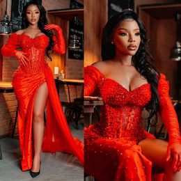 Aso Ebi Plus Size Prom Dresses Off Shoulder Red Sweetheat Sequined Beaded African Gala Dress Birthday Club Graducation Evening Gowns Formal Gown Vestidos robes de