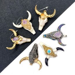 Charms Natural Stone Pendant Crystal Inlaid Acrylic Multicolor Colourful Jewellery Bull Head Shape DIY Making Necklace Accessories CharmCharms