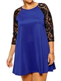 Plus Size Dresses Elegant Spring Autumn 3/4 Lace Sleeve Tunic Dress Women Loose Blue And Black Swing Female Large 6XL 7XL 8XL