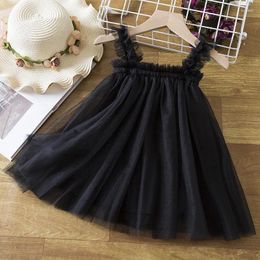 Girl Dresses Summer Baby Gril Black Pleated Toddler Mesh Vestidos Casual Slip Wear 1 3 5 Yrs Soild Home Children Clothing