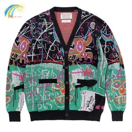Men s Jackets Quality V Neck Knitted Cardigan Men Women Hip Hop Full Graffiti Jacquard Colour Matching WACKO MARIA Sweater Coat With Tag 231101