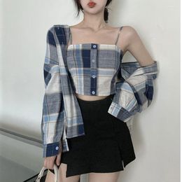 Women's Blouses Spring Simplicity Plaid Turn-down Collar Long Sleeve Blouse Women Clothes Casual Buttons Slim Sling T-Shirt Two-piece Dress