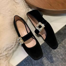 Dress Shoes Luxury Shoes Mary Jeans Woman Velvet Med-High Heels Flats Heeled Loafers Crystal Leather Belt Strap Ballets Femme Chaussure 231031