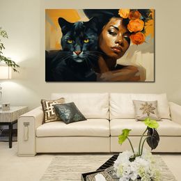 Animal Cat Canvas Poster Photo Print Black Woman with Feline Picture Painting for Office Room Wall Decor