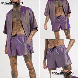 Men'S Sleepwear Incerun Fashion Men Pyjamas Sets Open Stitch Half Sleeve Cardigan Dstring Shorts Homewear Mens Chic Shiny Nightwear Su Dhp2S