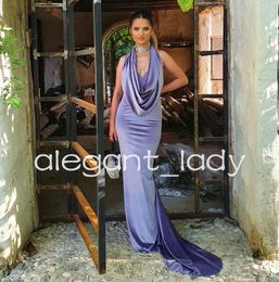 Lilac Lavender Velvet Mermaid Long Prom Dress for Women Halter Neck Backless Runway Celebrity party Guest Evening Gown