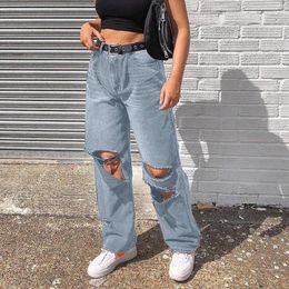 Women's Jeans Streetwear Long Pants Denim For Women Plus Size High Waist Trousers Straight Loose Hole