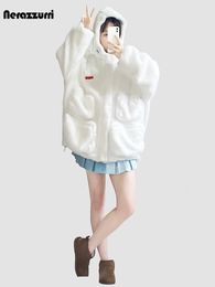 Women's Wool Blends Nerazzurri Autumn Winter Oversized White Hairy Warm Soft Faux Fur Coat Women with Many Pockets Cute Kawaii Sweet Fluffy Jacket 231031