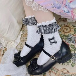 Women Socks Spring And Summer Plaid Lace Bubble Mouth Jk Bow Cotton Sweet Cool Lolita Student Girl