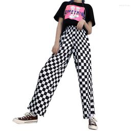 Women's Pants Streetwear Plaid Women Elastic Waist Full Length Chequered Black And White Casual Loose Straight Trousers