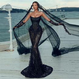 Fashion Black Mermaid Evening Dress Strapless Sleeveless Lace Appliques Fitthed Bones Women Prom Party Formal Gowns Custom Size Robe De Soiree