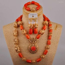 Necklace Earrings Set Fashion Nigeria Wedding Beads African Bride Orange Natural Coral Accessories Jewelry AU-445