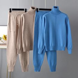 Women's Two Piece Pants Two Piece Cashmere Autumn Winter Women Turtleneck Wool Sweater Suits Fashion Knitted Loose Pant Tracksuit Lady Warm Set 231031