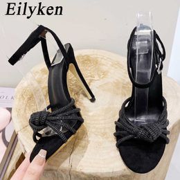 top Crystal Peep Toe Women's Sandals High Heels Female Ankle Mules Buckle Strap Party Stripper Silver Shoes 230306