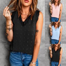 Women's Blouses & Shirts Women Sexy Sleeveless Tops Elegant Female V Neck Lace Trim Flowy Tank Top Beach Holiday Blouse Summer Loose Casual