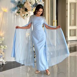 Ice Blue Straight Prom Dresses Jewel Neck Slit Sleeve Formal Evening Gown Ankle Length With Beaded Robe De Soiree 326 326