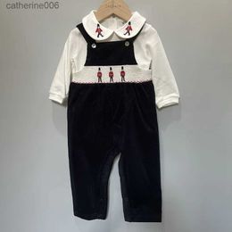 Jumpsuits Baby Boy Christmas Set Suspenders Outfit Navy Blue Soldier Embroidered Corduroy Trousers British Jumpsuit Cut Children BoutiqueL231101