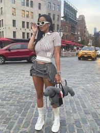 Skirts Joskaa Fashion High Waisted Pleated Skirt Women Hipster Zipper Lace-Up Ribbons Mini Shorts Fall 2023 Y2K Streetwear