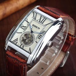 Goer Relogio Masculino Top Brand Luxury Skeleton Watches Men Leather Band Rectangle Automatic Mechanical Wrist Watches For Men J19278T