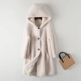 Women's Fur Beige Hooded Shearling Jacket 2023 Winter Sheep Fleece Coat Lamb Wool Warm