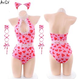 Ani Sweet Girl Pink Love Bodysuit Swimsuit Costume Women Anime Student Cute Cat One-piece Swimwear Uniform Pool Party Cosplay cosplay