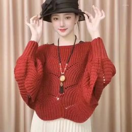 Women's Sweaters European Batwing Sleeves Slash Neck Knitted Hollow Sweater Women Autumn Winter Elegant Long Sleeve Shawl Pullovers
