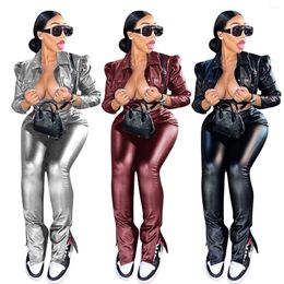 Women's Two Piece Pants Autumn Leather Pant Set Women Sexy Crop Top Jacket 2023 Winter Female Pencil Fashion Casual 2 Outfit