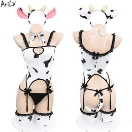 Ani Anime Kawaii Girl Dairy Cow Maid Uniform Top with Garter Stocking Costume Women Sexy Lace Pamas Lingerie Outfit Cosplay cosplay