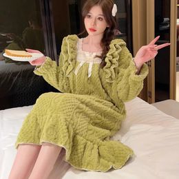 Women's Sleepwear Nightdres Flannel Fleece Warm Korean Style Nightgown Winter Thicken Nightwear Loose Home Dressing Gown Pyjamas 231031