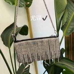 Tassel Blinding Crystal Small Square Mobile Phone Bag Dark Punk Motorcycle Dinner Chain Carrying Bag Crossbody Bag Girl 230401