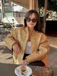 Women's Jackets Fashion Sequin Coat For Women Pocket Long Sleeve Stand Collar Gold Female Jacket Autumn Single Breasted Lady Y2k Outwear Top 231031