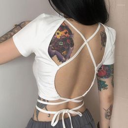 Women's T Shirts Backless Lace Up Crop Tops Short Sleeve T-shirt Girl Style Sweet Spicy Streetwear Design Sense Top Base Shirt White Black